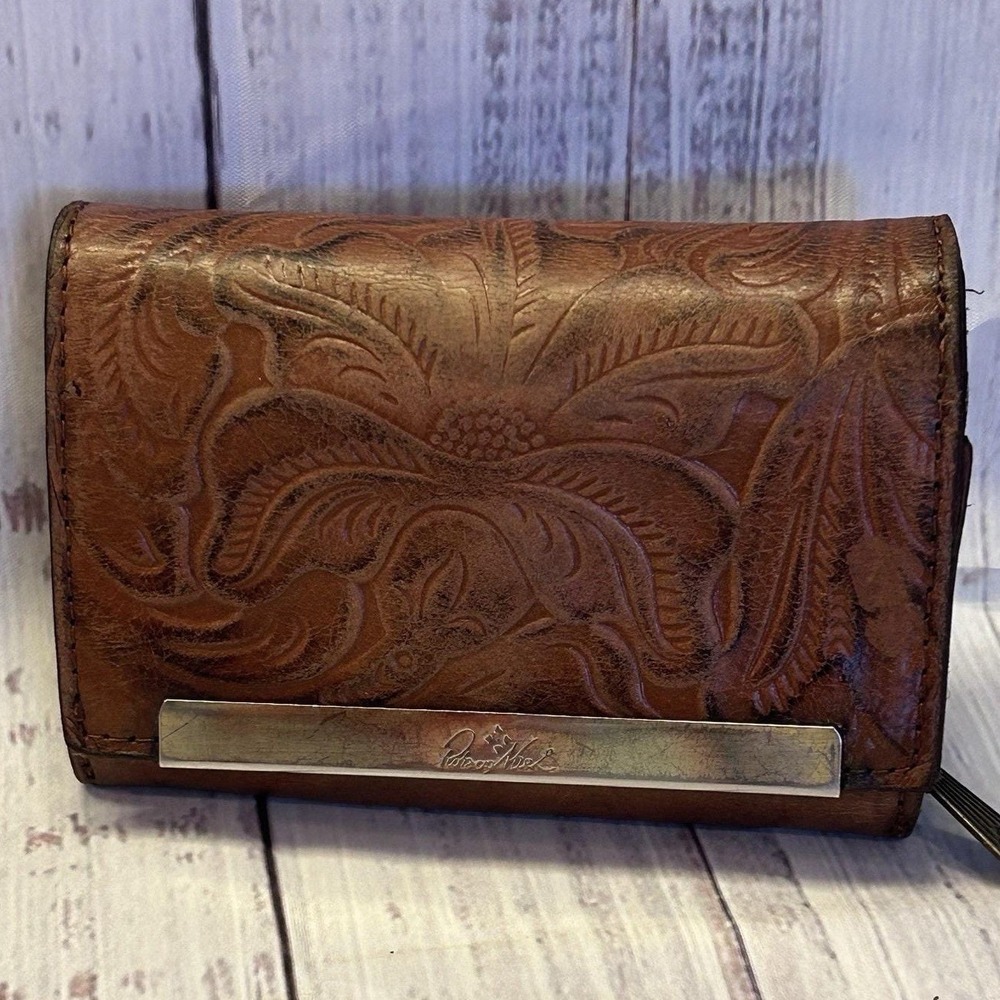 Patricia Nash Cametti Trifold Wallet Florence Tooled Leather Brown Tan Floral